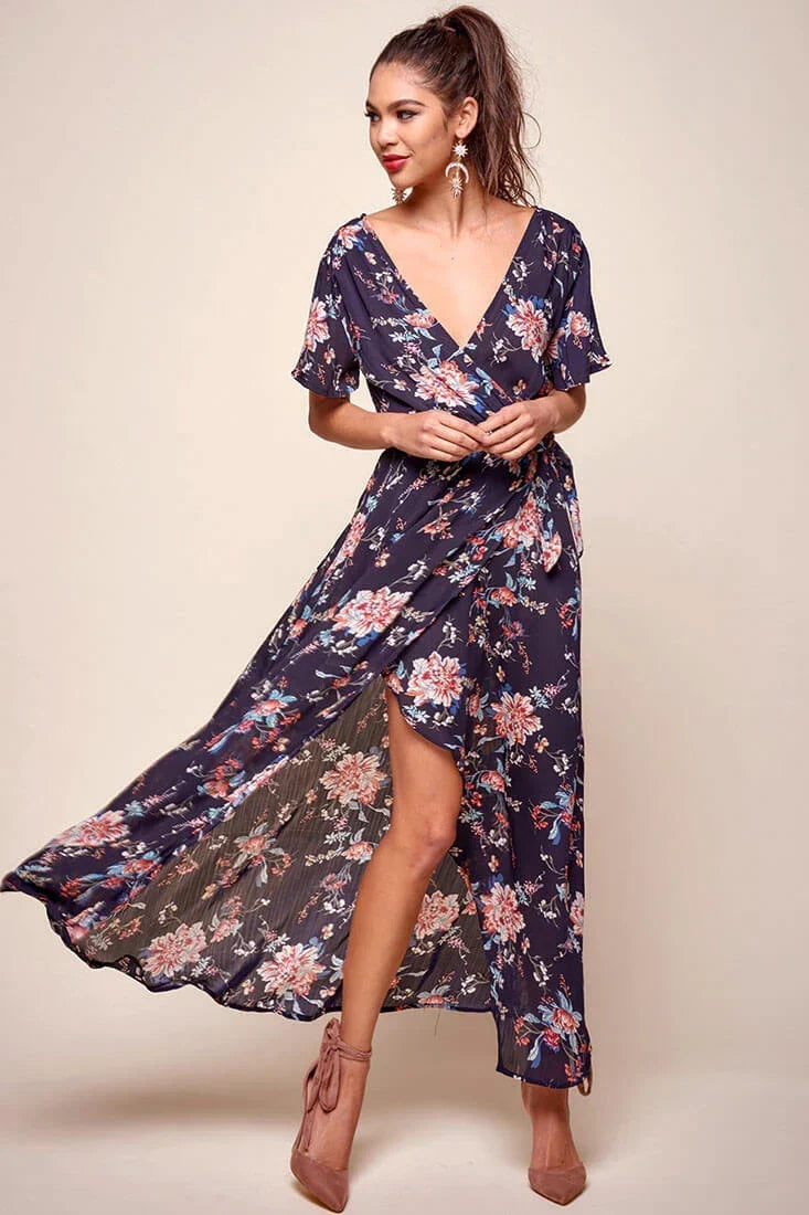 Navy Floral Print V-Neck Short Sleeve Wrap Maxi Dress