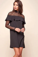 Black Lace High Neck Long Sleeve Ruffle Shift Mini Dress