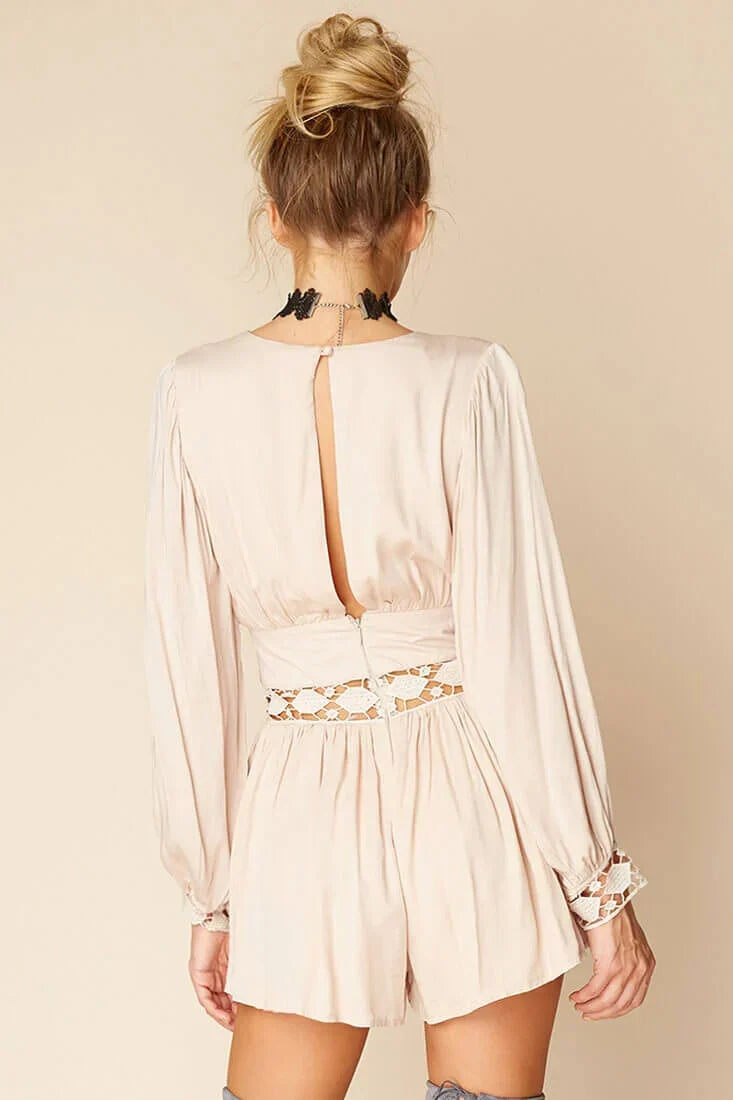 Beige V-Neck Long Sleeve Crochet Waist Tie Boho Romper