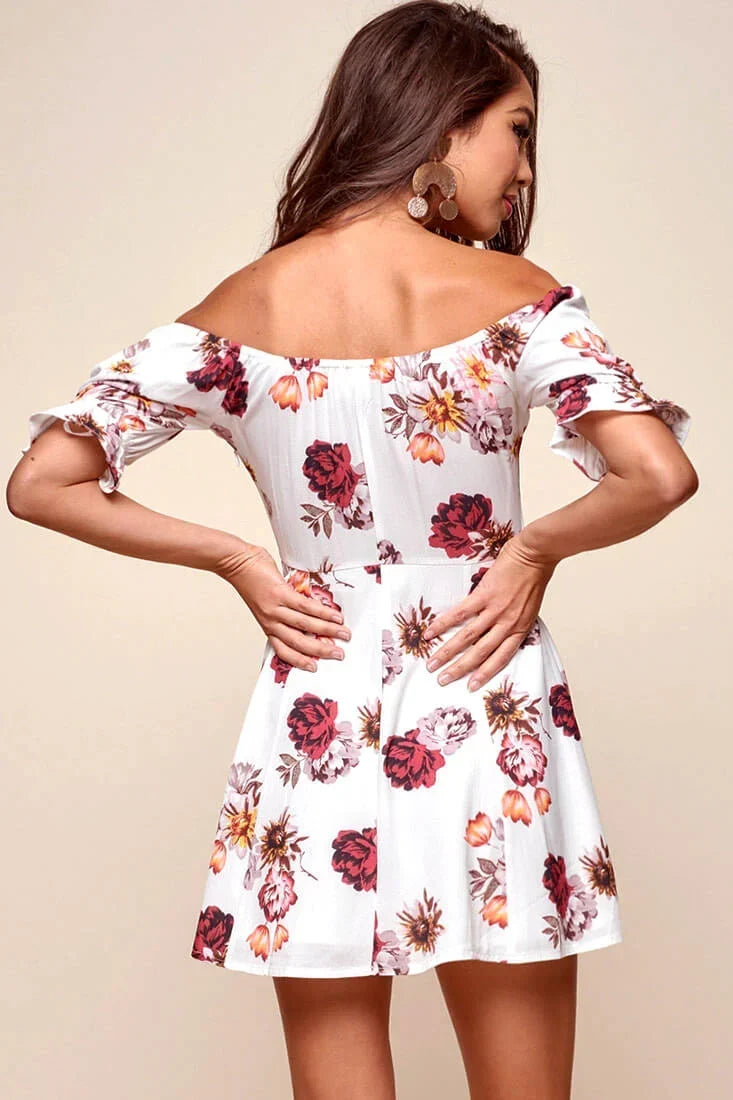 White Floral Off-Shoulder Puff Sleeve Skater Mini Dress