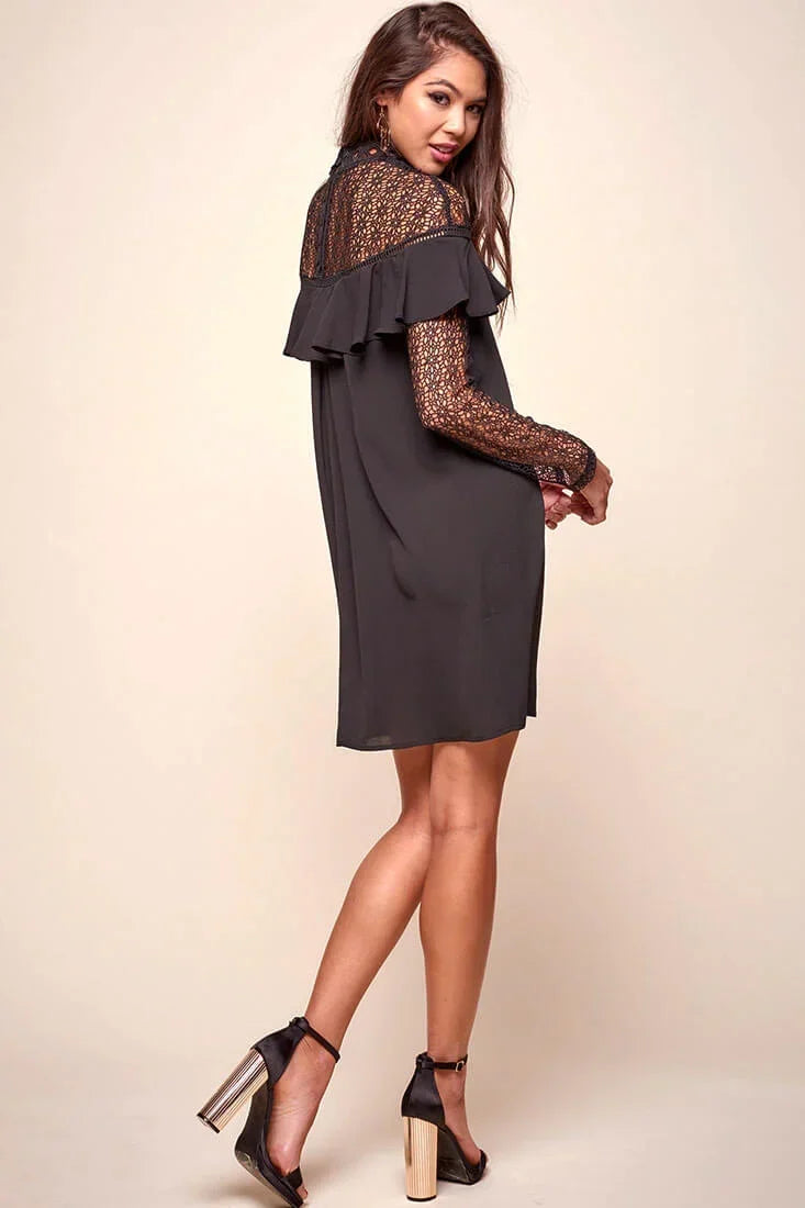 Black Lace High Neck Long Sleeve Ruffle Shift Mini Dress