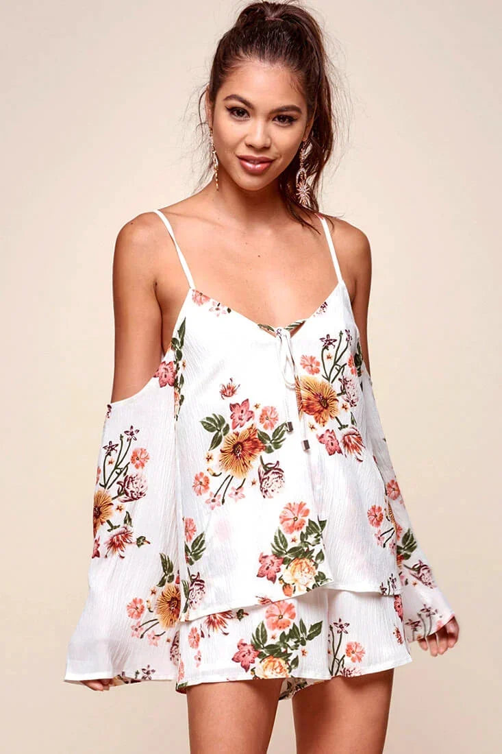 White Floral Cold Shoulder Spaghetti Strap Layered Romper