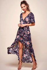 Navy Floral Print V-Neck Short Sleeve Wrap Maxi Dress