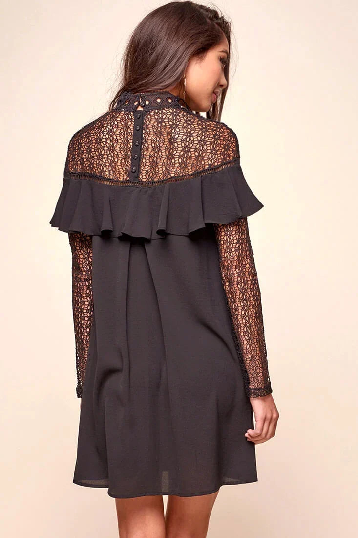 Black Lace High Neck Long Sleeve Ruffle Shift Mini Dress