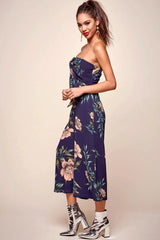 Navy Floral Print Strapless Bow Tie Front Wide Leg Jumpsuit