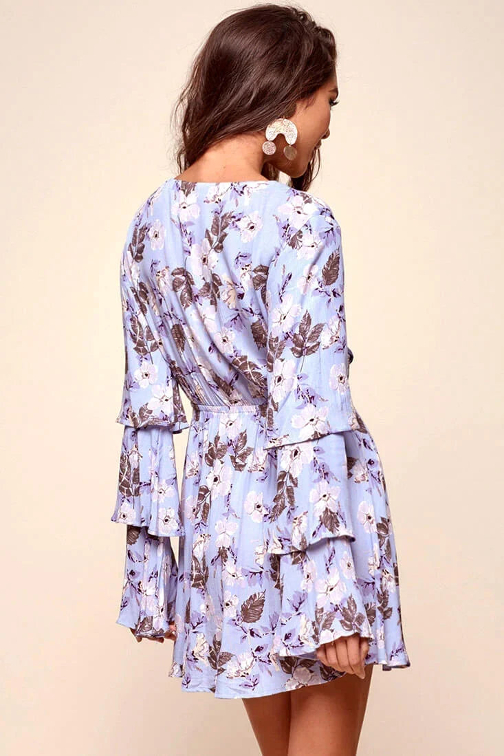 Blue Floral Deep V-Neck Tiered Bell Sleeve Mini Dress