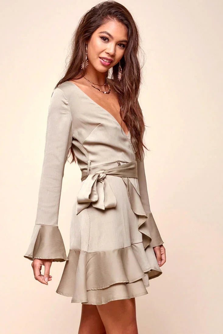 Olive Satin V-Neck Bell Sleeve Tiered Ruffle Wrap Mini Dress