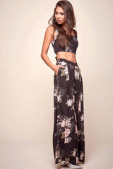 Black Floral Print Square Neck Sleeveless Fitted Crop Top