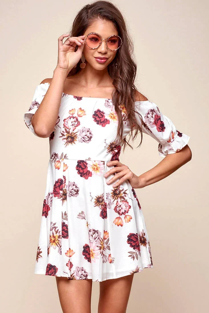 White Floral Off-Shoulder Puff Sleeve Skater Mini Dress