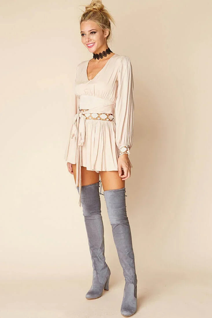 Beige V-Neck Long Sleeve Crochet Waist Tie Boho Romper
