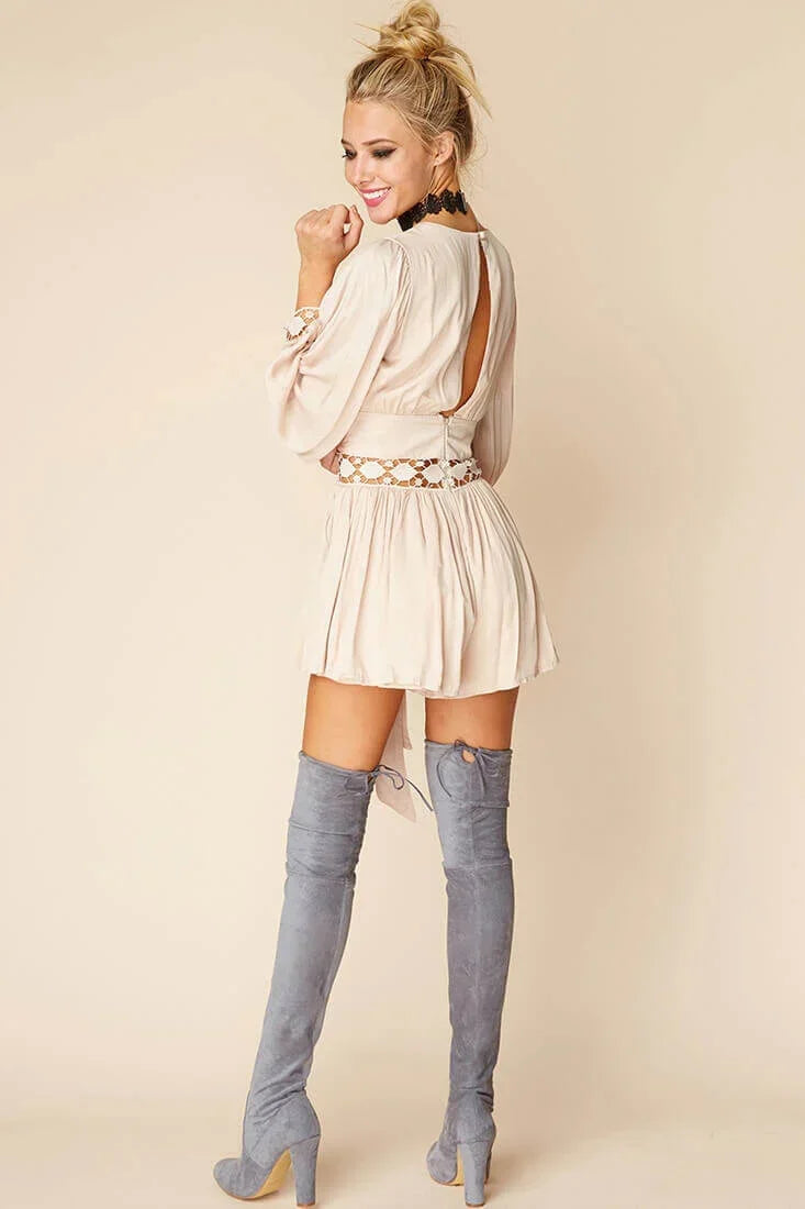 Beige V-Neck Long Sleeve Crochet Waist Tie Boho Romper